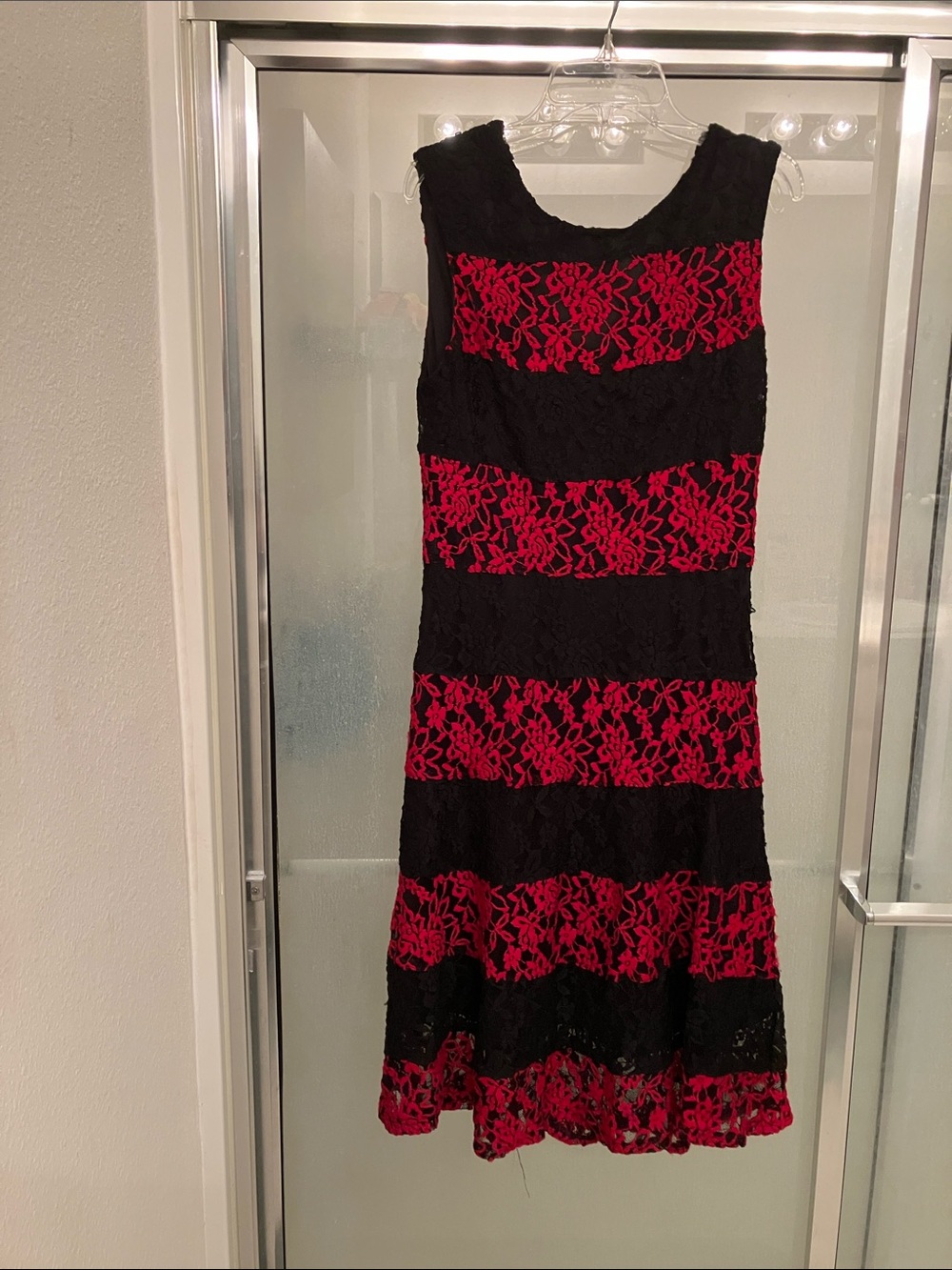 New York & Company Black and Red Lace Stripe Midi Dress